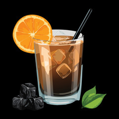 Dark Iced Coffee or Soda with Ice Cubes and Orange Slice Garnish in a Clear Plastic Cup and Straw - Vector Illustration