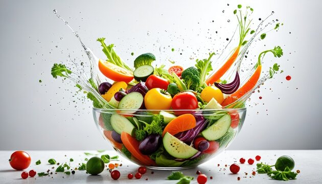 Fresh, vibrant salad explodes in a glass bowl with vegetables and water splashes