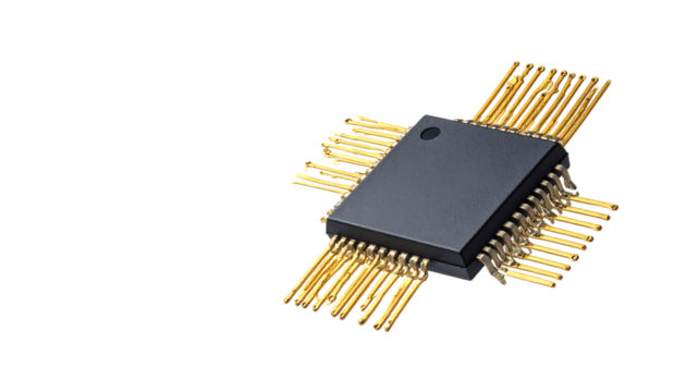 精密な金属端子が輝くマイクロ回路チップ|背景なし・透過PNG・コピースペース