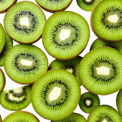 Fototapeta premium Green kiwi slices with small black seeds in a seamless pattern