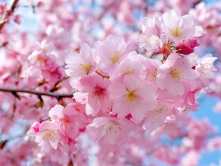 Obraz premium 青空に映える満開の桜の花びらが春の訪れを感じさせる美しい日本の風景写真