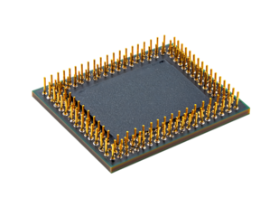 精密な金属端子が輝くマイクロ回路チップ｜背景なし・透過PNG・コピースペース