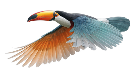 A toucan in flight displaying vividly colored wings and a large beak, showcasing its striking plumage.