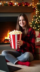 Naklejka premium A woman sitting on the floor holding a bucket of popcorn.