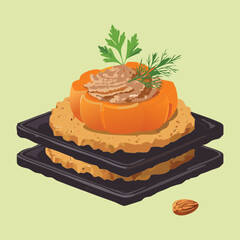 Minimalist Presentation of a Small Pumpkin Shaped Savory Dish on a Square Black Slate Plate and Light Background - Vector Illustration