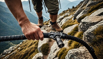 Hiking adventure Person gripping a handlebar, navigating a rocky mountain trail