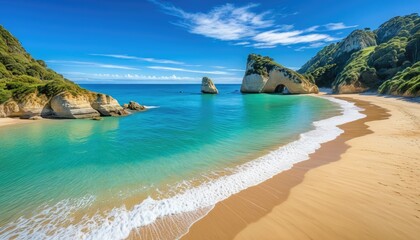 Fototapeta premium Breathtaking tropical bay with turquoise water, golden sand, cliffs, and blue sky