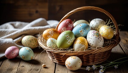 Decorated Easter eggs in a wicker basket on wood, spring seasonal