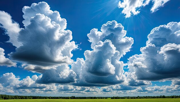 Bright, sunny day with fluffy, cumulus clouds over a grassy field. Sun rays peak through