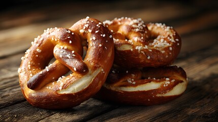Three baked pretzels with coarse salt sit on rustic wooden planks.