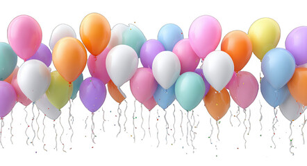 A bunch of colorful balloons with ribbons floating, suitable for various celebration events.