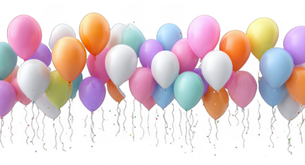 A bunch of colorful balloons with ribbons floating, suitable for various celebration events.