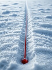 Close up of a red thermometer in snow, showing cold temperatures