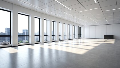 Fototapeta premium Empty, sunlit modern office space with tall windows, bright and airy