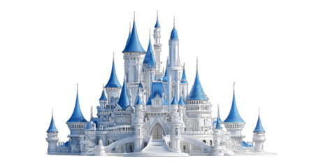 A magnificent castle with white walls and blue spires, embodying a fairy tale aesthetic with intricate architectural details.