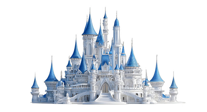A magnificent castle with white walls and blue spires, embodying a fairy tale aesthetic with intricate architectural details.