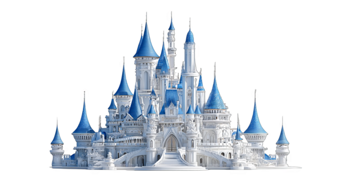 A magnificent castle with white walls and blue spires, embodying a fairy tale aesthetic with intricate architectural details.