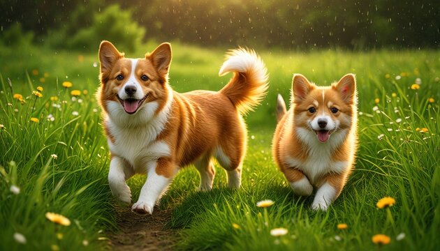 Two happy corgis frolic in a sunny meadow, smiling brightly