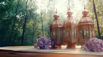 Ornate lanterns with purple flowers rest on a wooden table.