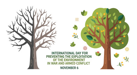 Obraz premium Seasonal tree transformation contrasting bare winter silhouette with vibrant leafy summer foliage and falling acorns representing nature's cycle vector