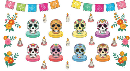 Festive dia de los muertos sugar skulls and papel picado banner decoration for celebration vector