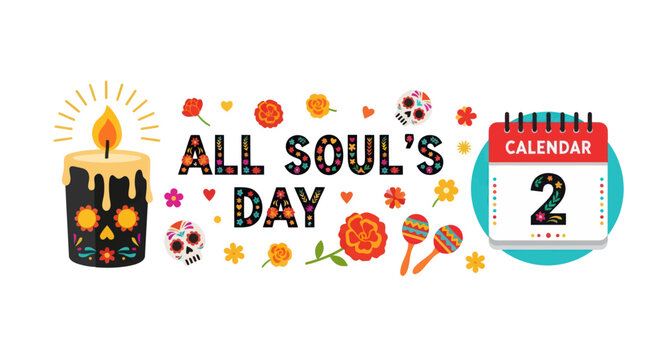 All souls day celebration festive banner with candle skulls maracas sugar skulls pumpkin decorations and calendar marking november 2nd holiday event vector