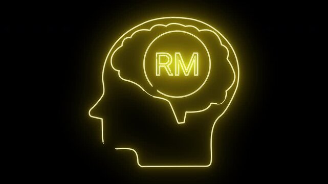 Glowing yellow outline of a head with RM in a circle inside the brain area set against a black background