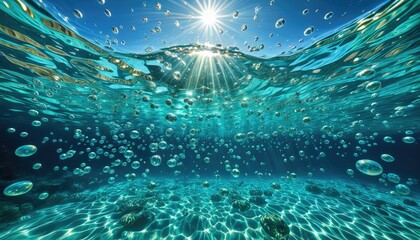 Underwater view, bubbles rise, sun shines through the surface, blue ocean scene