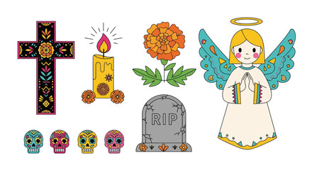 Dia de los muertos celebrations artistic elements including a detailed cross a lit candle skulls flowers and an angel figurine displayed together for festive occasion vector