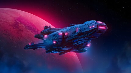 Futuristic spaceship with glowing pink lights travels through space.