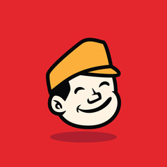 Cartoon face of a sad boy wearing a yellow cap. Expressive and emotional character illustration on red background. Perfect for mascot, logo, or storytelling vector design