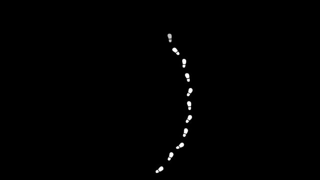 Animated white footprints walking in a curve on a black screen. Shows movement, journey, or progress. Simple, clean