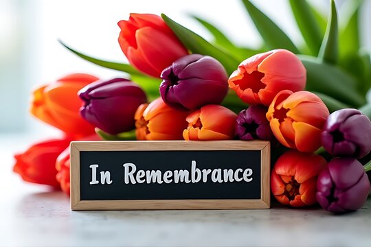 In remembrance message with colorful tulips bouquet on a bright background