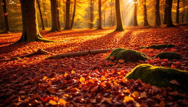 Autumn forest floor bathed in golden sunlight, filled with fallen leaves and mossy stones - Powered by Adobe