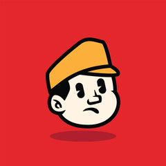 Cartoon face of a sad boy wearing a yellow cap. Expressive and emotional character illustration on red background. Perfect for mascot, logo, or storytelling vector design