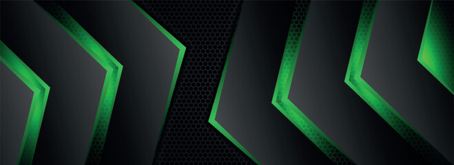 Dark abstract background with honeycomb design and glowing green geometric shapes. Modern and futuristic background concept for banners, websites, and social media. EPS. 4