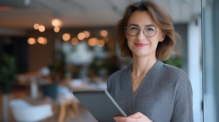 European businesswoman CEO using fintech tab application standing at workplace in office. Latin Hispanic mature professional business woman holding digital tablet for trading, looking at copy space
