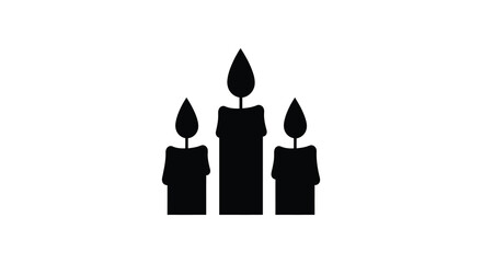 Three black candles of varying heights with flickering flames depicted in a stark silhouette against a white background silhouette