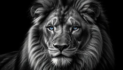 Majestic lion portrait with piercing blue eyes against a black background