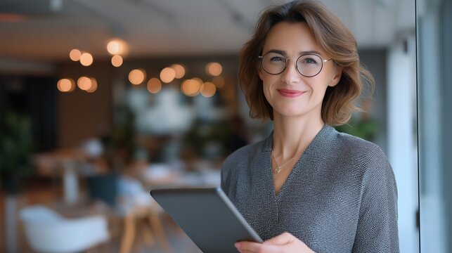 European businesswoman CEO using fintech tab application standing at workplace in office. Latin Hispanic mature professional business woman holding digital tablet for trading, looking at copy space - Powered by Adobe