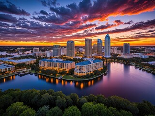 Aerial view of a city skyline at sunset with stunning colorful clouds and calm water