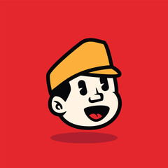 Cartoon face of a sad boy wearing a yellow cap. Expressive and emotional character illustration on red background. Perfect for mascot, logo, or storytelling vector design