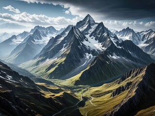 Majestic mountain range with snow-capped peaks under dramatic, cloudy sky