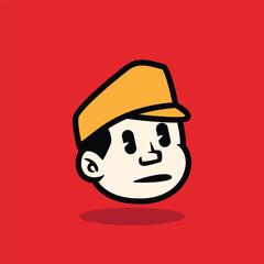 Cartoon face of a sad boy wearing a yellow cap. Expressive and emotional character illustration on red background. Perfect for mascot, logo, or storytelling vector design