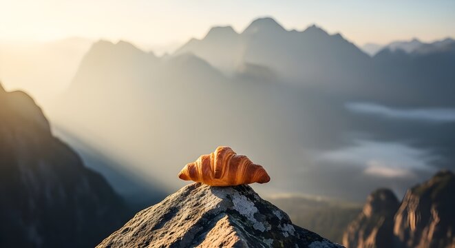 golden croissant on mountain peak at sunrise - Powered by Adobe