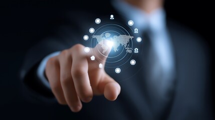 Business executive touching digital holographic screen displaying audience segmentation, data analytics, and global outreach strategy icons