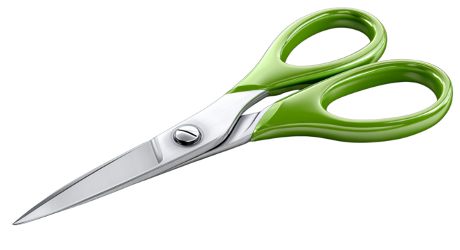 A pair of scissors with green handles and sharp metal blades, designed for various cutting tasks.