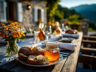 Golden honey jars sitting beside freshly baked bread, steaming tea, and cream, bathed in warm sunlight with blooming potted flowers on rustic wooden surface