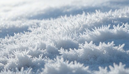 Close-up of icy, crystalline frost formation, sparkling in the sun