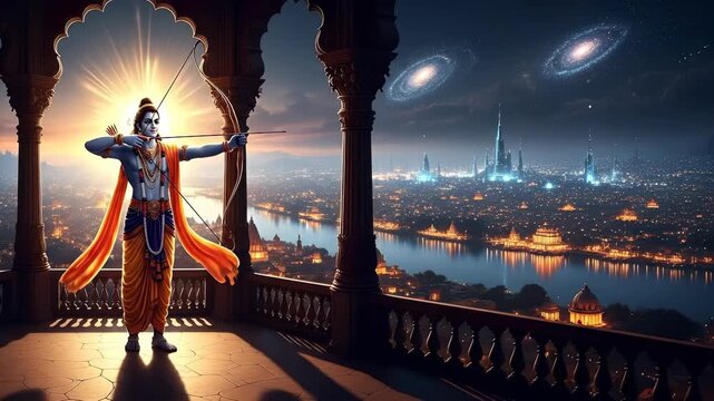 Divine Lord Rama Aiming Bow in Ayodhya Overlooking Celestial Cityscape with Cosmic Background and Intricate Architectural Details